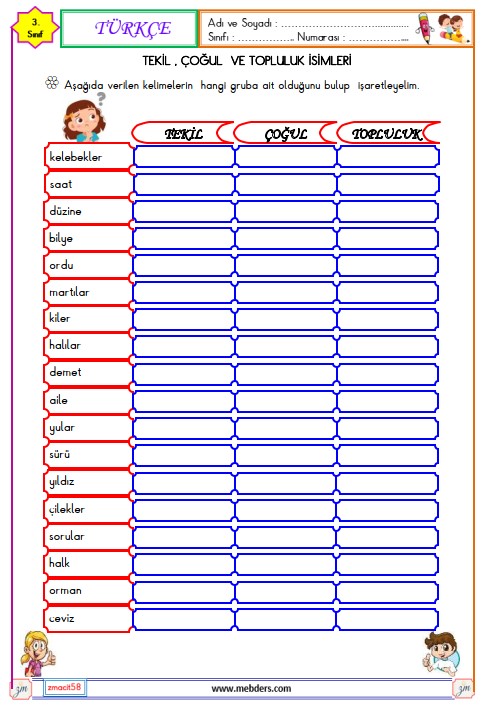 3. Sınıf Türkçe Tekil , Çoğul ve Topluluk İsimleri Etkinliği 3