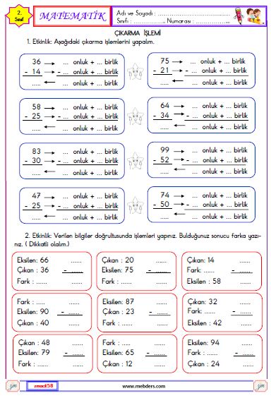 2. Sınıf Matematik Çıkarma İşlemi Etkinliği 1