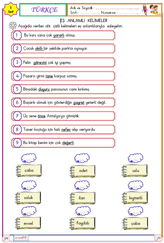 3. Sınıf Türkçe Eş Anlamlı Kelimeler Etkinliği 3