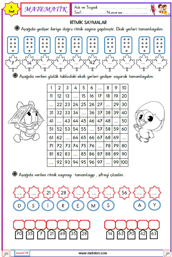 3. Sınıf Matematik Yedişer Ritmik Sayma Etkinliği