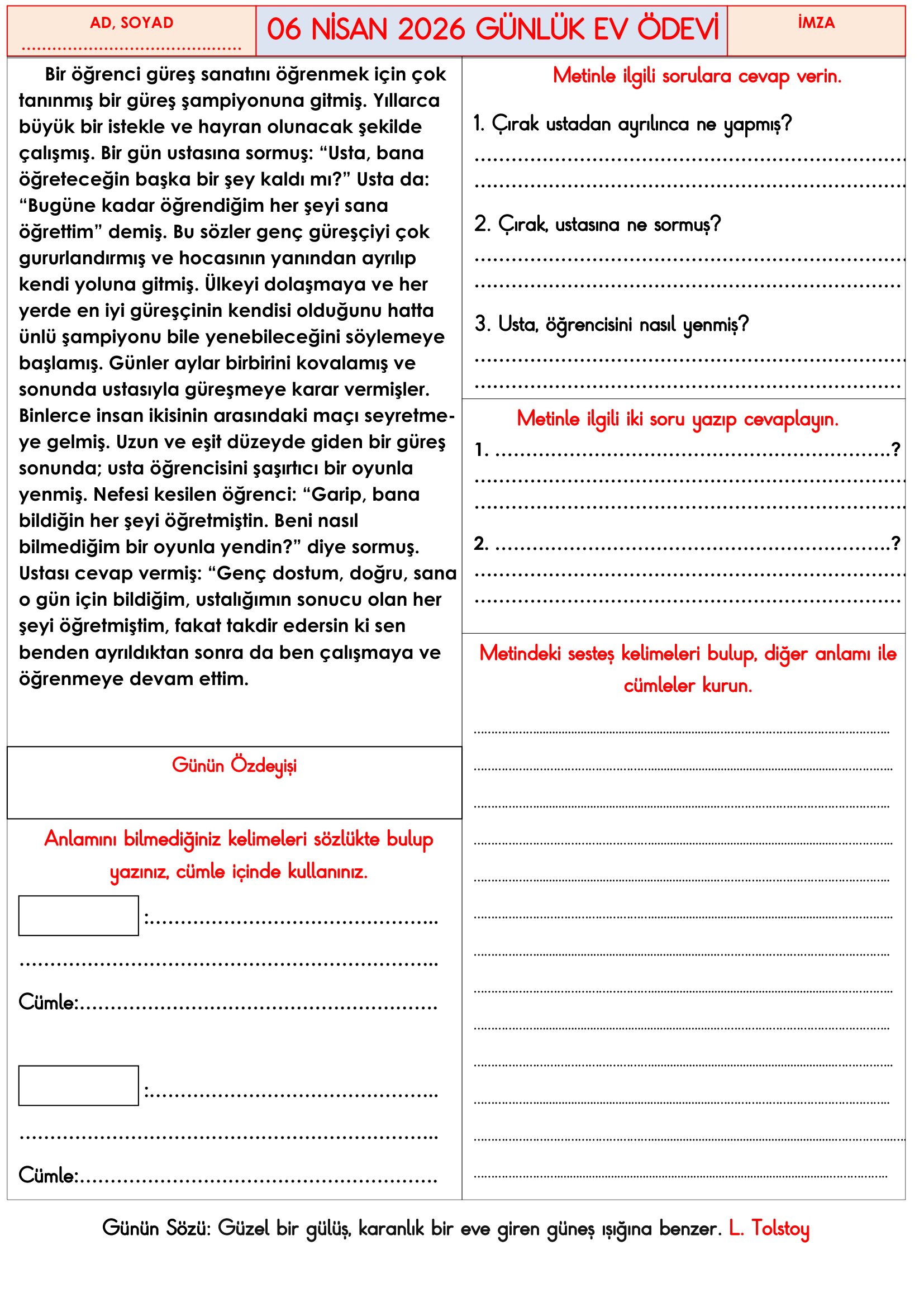 3.Sınıf - 06 Nisan 2026 Günlük Ev Ödevleri