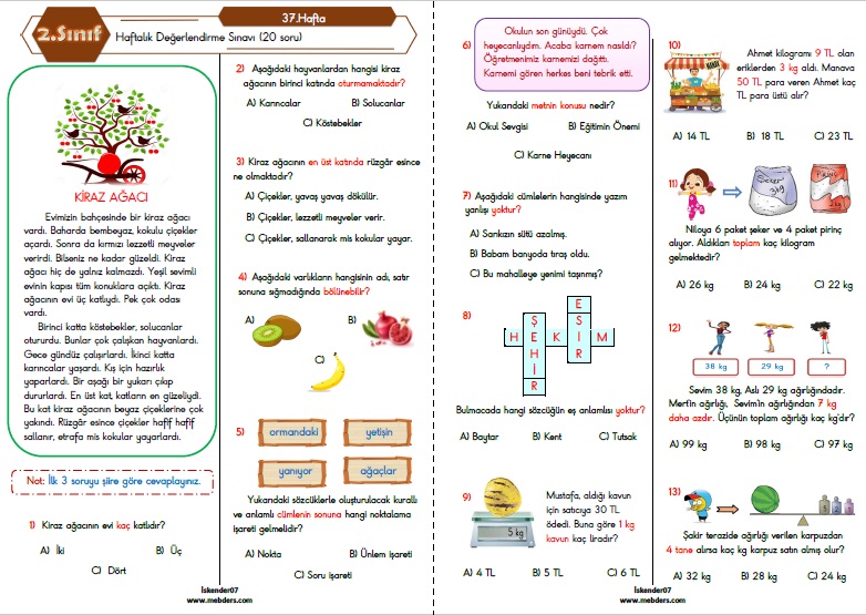 2.Sınıf Haftalık Değerlendirme Testi - 37.Hafta (13-17 Haziran)