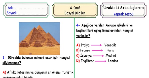 4.Sınıf Sosyal Bilgiler Uzaktaki Arkadaşlarım Yaprak Test 5