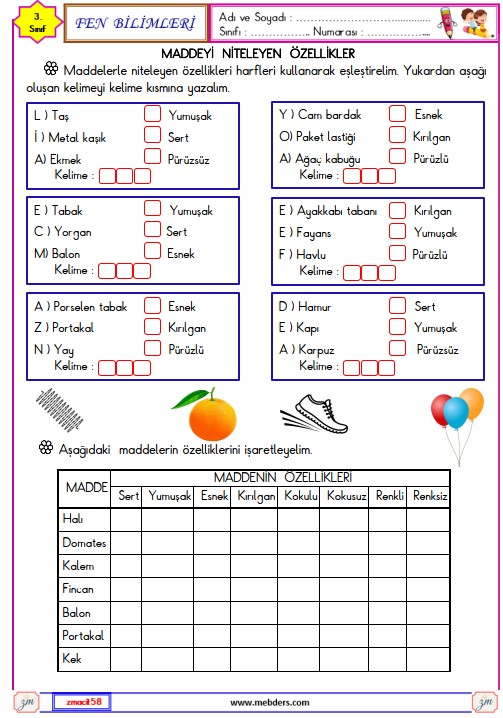 3. Sınıf Fen Bilimleri Maddeyi Niteleyen Özellikler Etkinliği 3