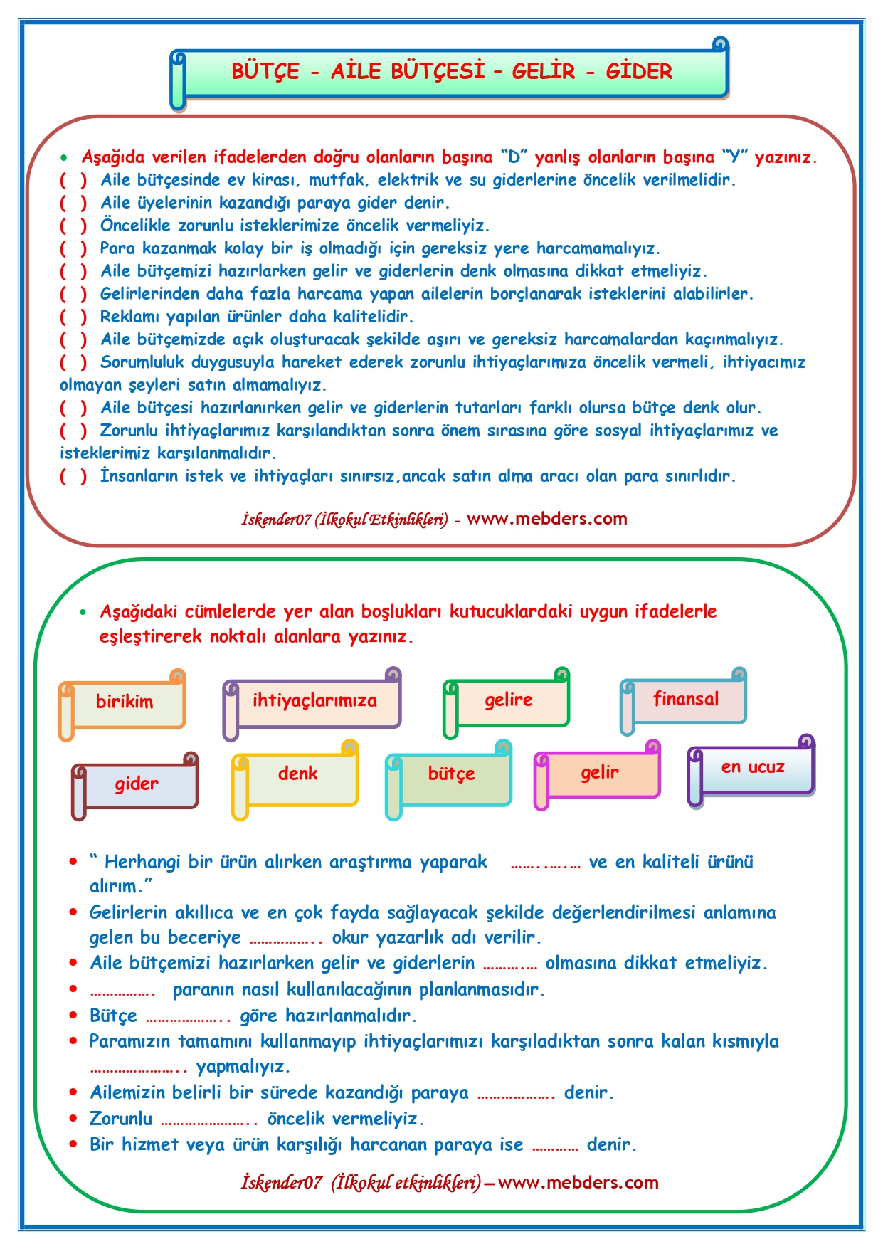 4.Sınıf Sosyal Bilgiler Bütçe - Aile Bütçesi - Gelir - Gider