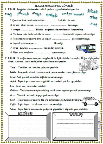 2. Sınıf Hayat Bilgisi Ulaşım Araçlarında Güvenlik Etkinliği 2