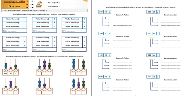 3.Sınıf Matematik Basamak Adları ve Basamak Değeri Etkinliği 2