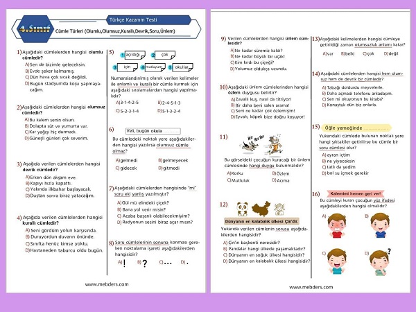 4. Sınıf Türkçe Cümle Türleri Kazanım Testi