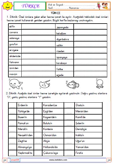 2. Sınıf Türkçe Özel İsim ve Kesme İşareti Etkinliği