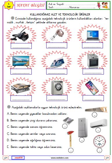 3. Sınıf Hayat Bilgisi Kullandığımız Alet ve Teknolojik Ürünler  Etkinliği