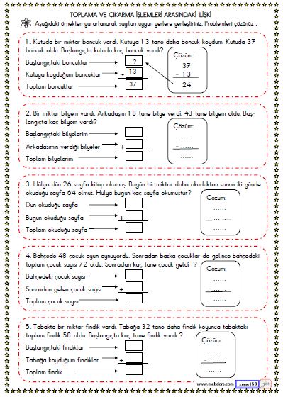 2. Sınıf Matematik Toplama ve Çıkarma İşlemleri Arasındaki İlişki Etkinliği 1