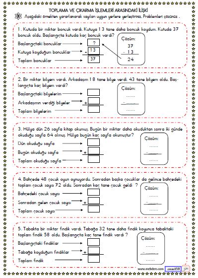 2. Sınıf Matematik Toplama ve Çıkarma İşlemleri Arasındaki İlişki Etkinliği 1