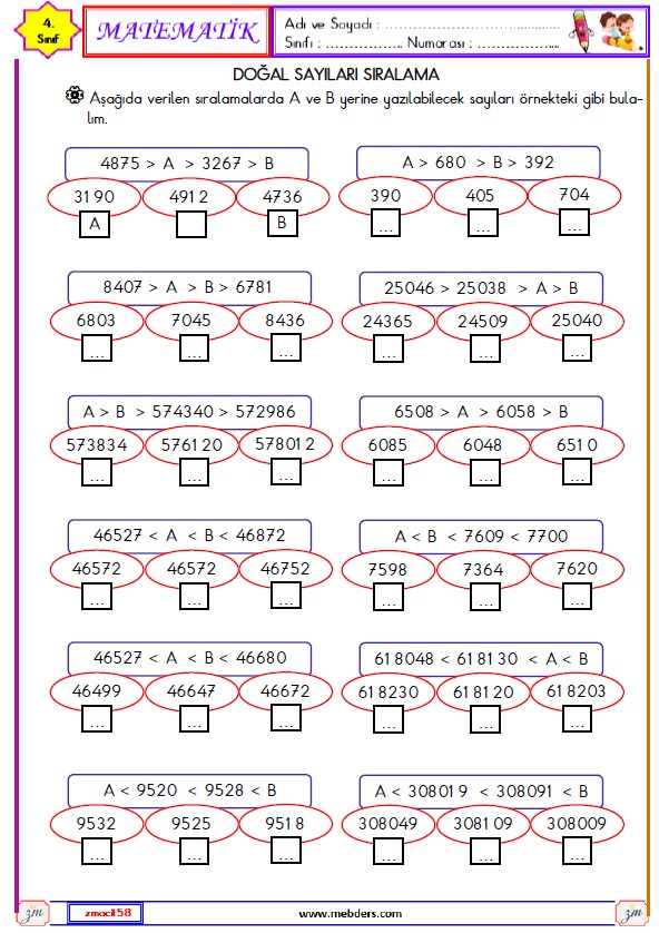 4. Sınıf Matematik Doğal Sayıları Sıralama Etkinliği