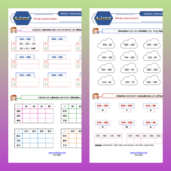 4. Sınıf Matematik - Zihinden Çıkarma İşlemi Etkinlikleri