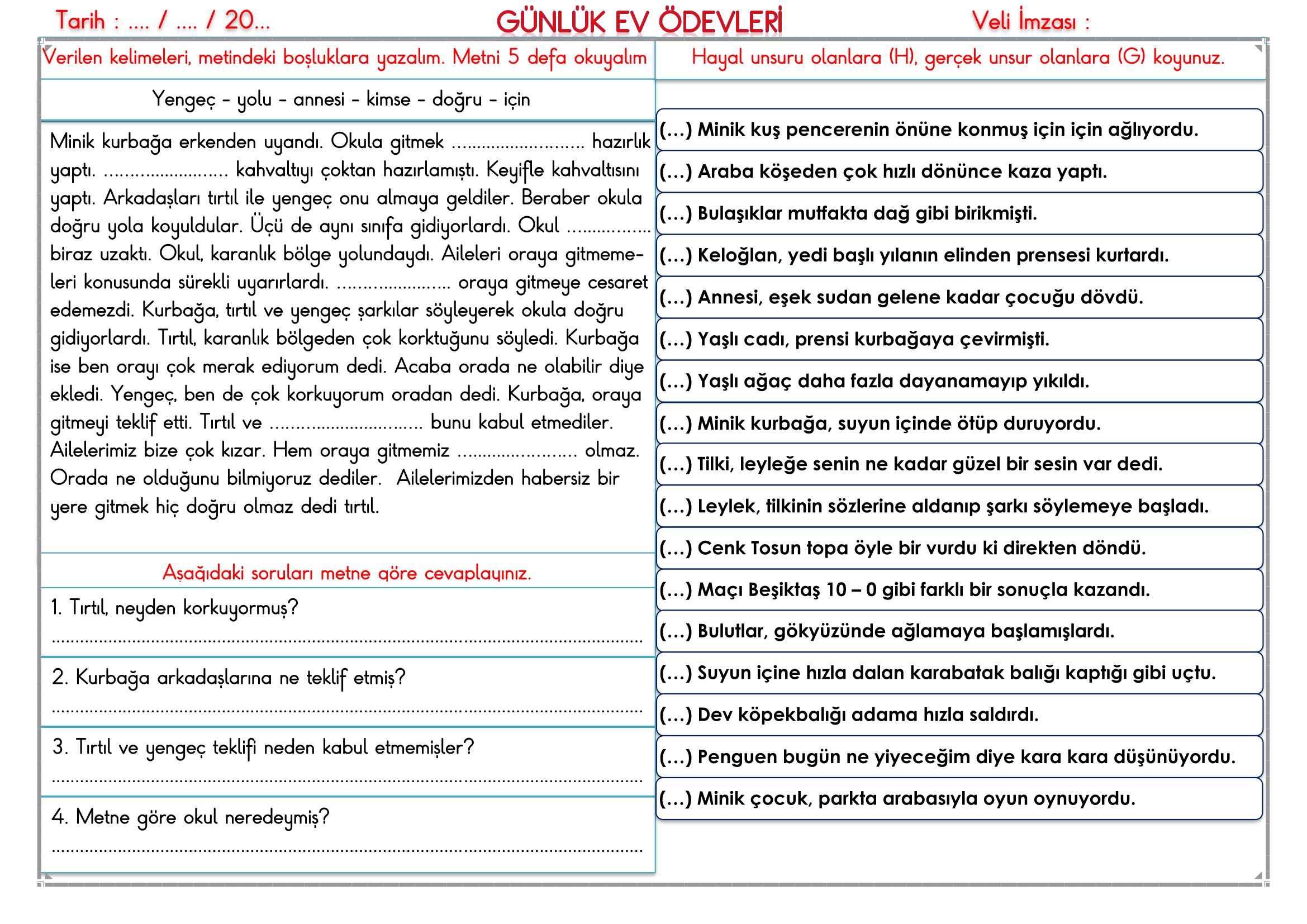 2.Sınıf - 24 Şubat 2026 Günlük Ev Ödevleri
