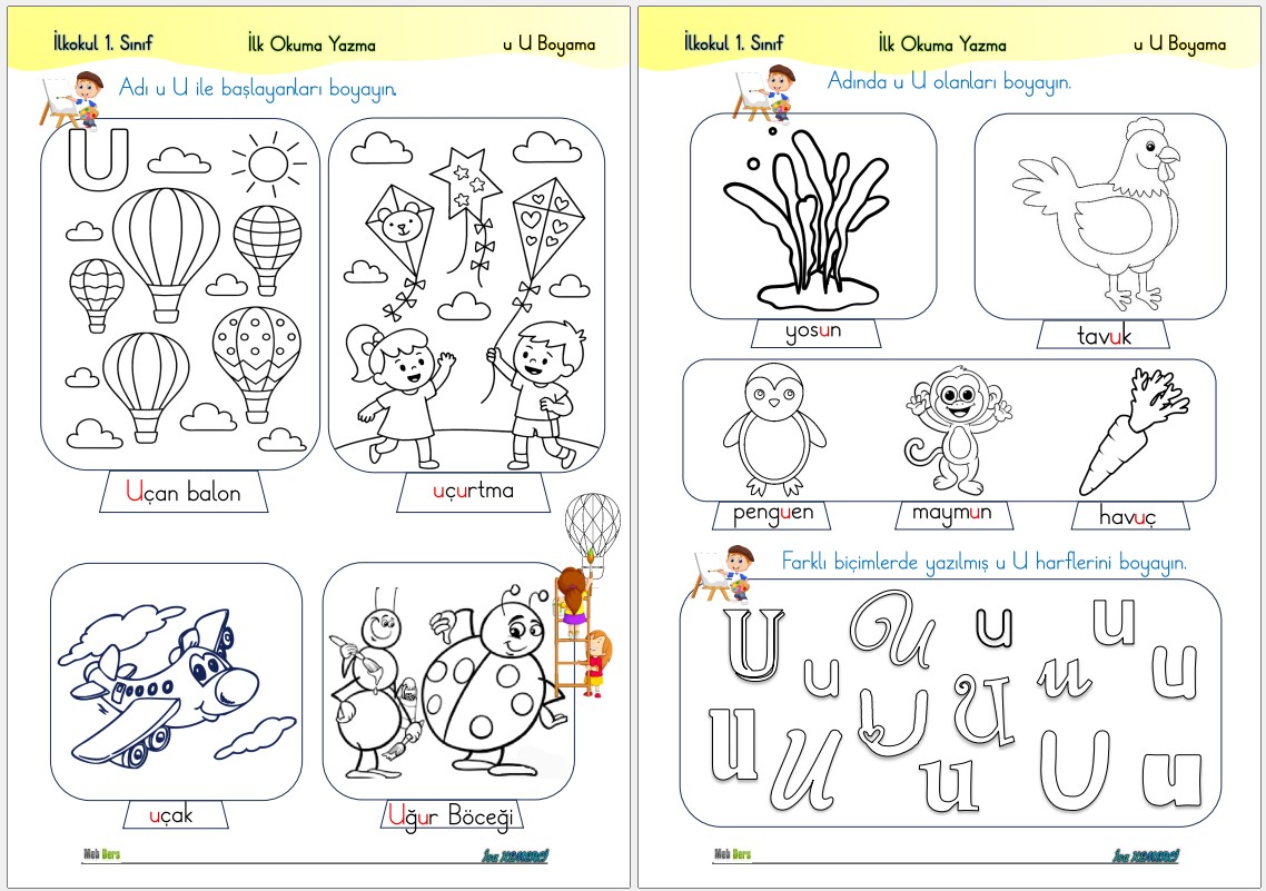 1. Sınıf İlk Okuma Yazma U Sesi BOYAMA