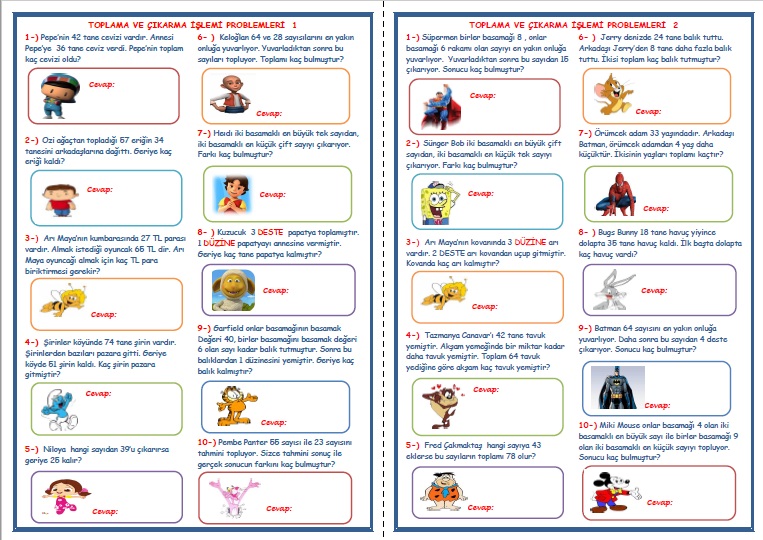 2.Sınıf Matematik Toplama ve Çıkarma İşlemi Problemleri   (5 Sayfa - 50 Soru)