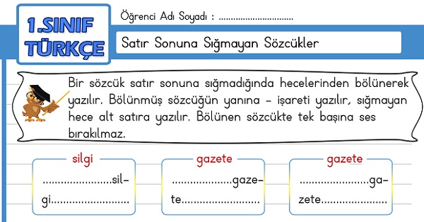 1.Sınıf Türkçe Satır Sonuna Sığmayan Sözcükler Etkinliği