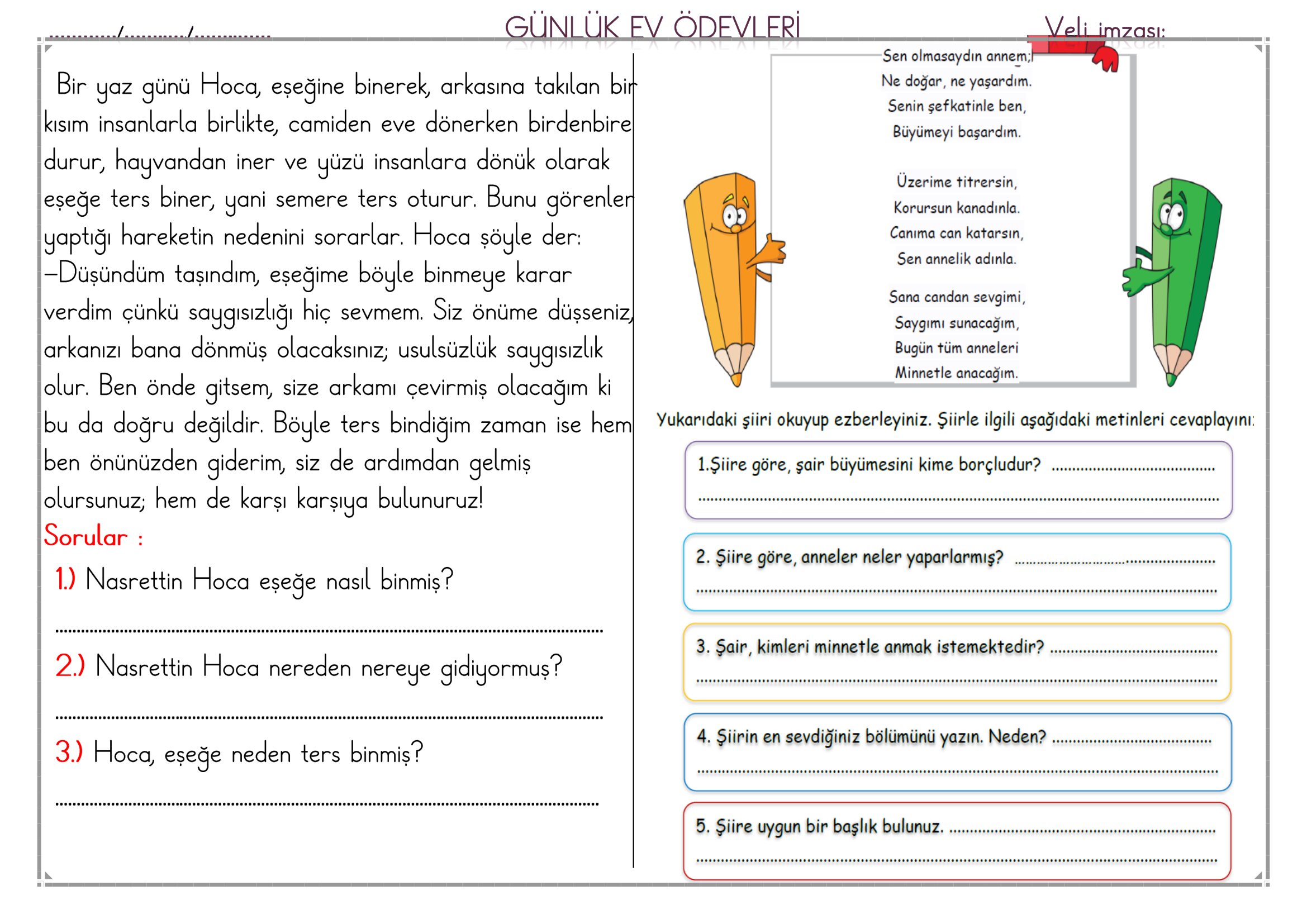 1.Sınıf - 07 Mayıs 2026 Günlük Ev Ödevleri