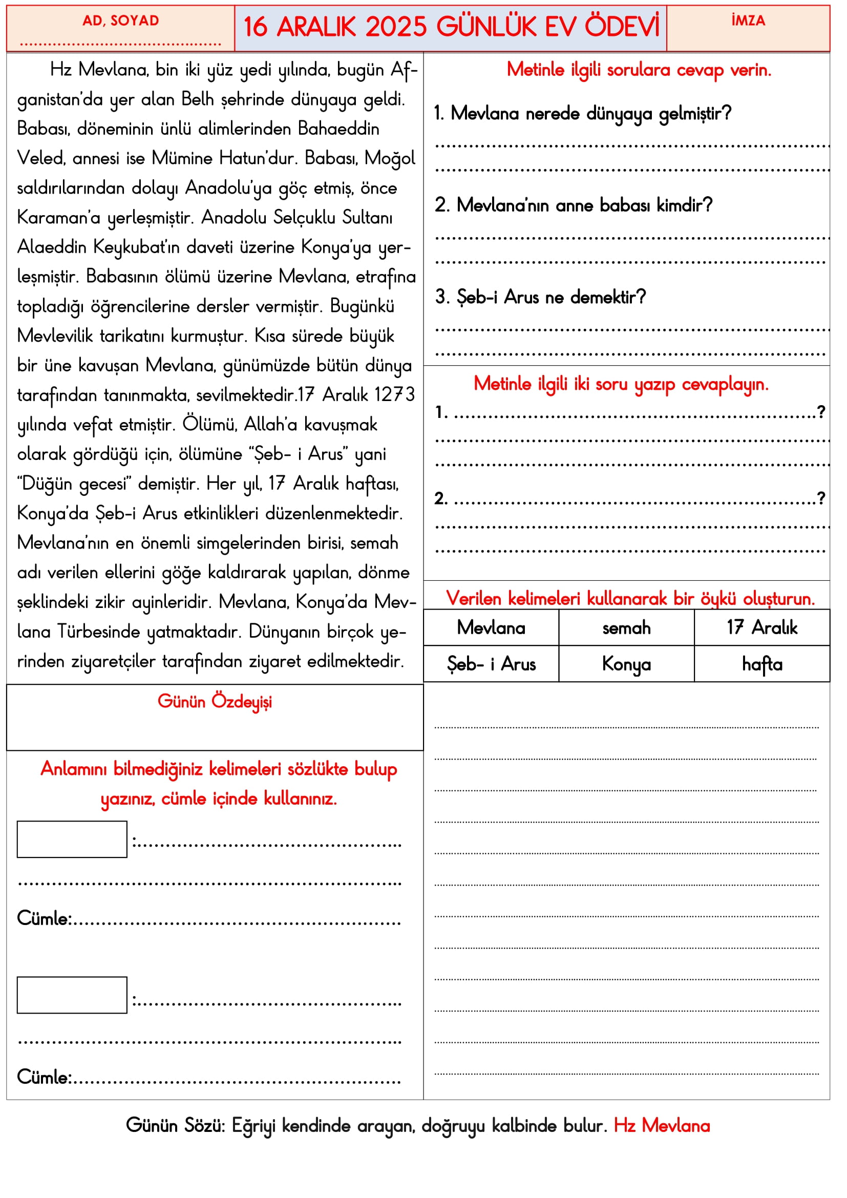 3.Sınıf - 16 Aralık 2025 Günlük Ev Ödevleri