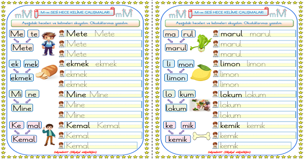 1. Sınıf İlk Okuma Yazman M-m Sesi Çalışmaları