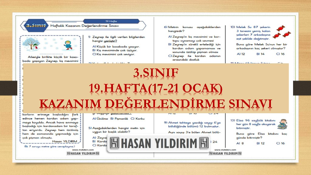 3.Sınıf Haftalık Değerlendirme Testi-19.Hafta(17-21 Ocak)