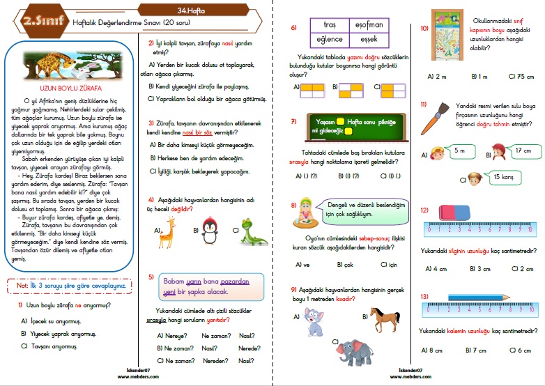 2.Sınıf Haftalık Değerlendirme Testi - 34.Hafta (23-27 Mayıs)