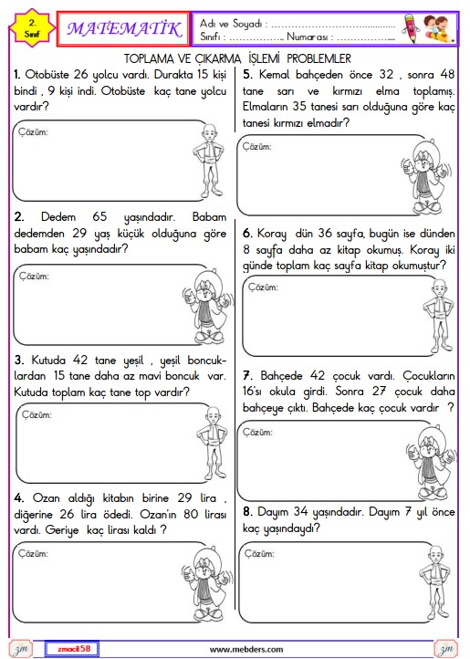 2. Sınıf Matematik Toplama ve Çıkarma İşlemi Problemler Etkinliği 1