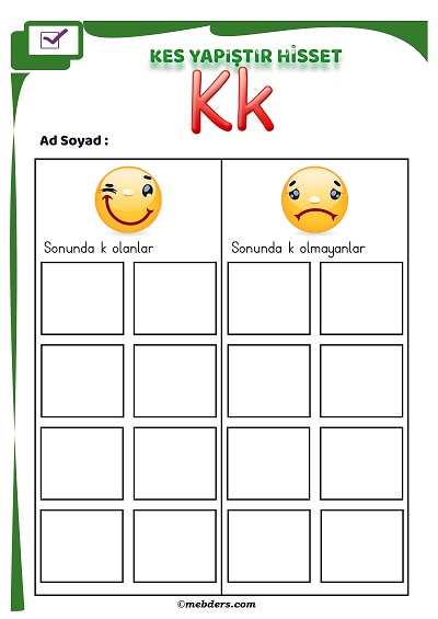 1.Sınıf İlkokuma Kes Yapıştır Hisset Etkinliği - K Sesi