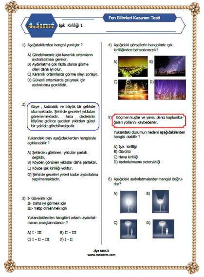 4. Sınıf Fen Bilimleri  Işık Kirliliği   Testi 1