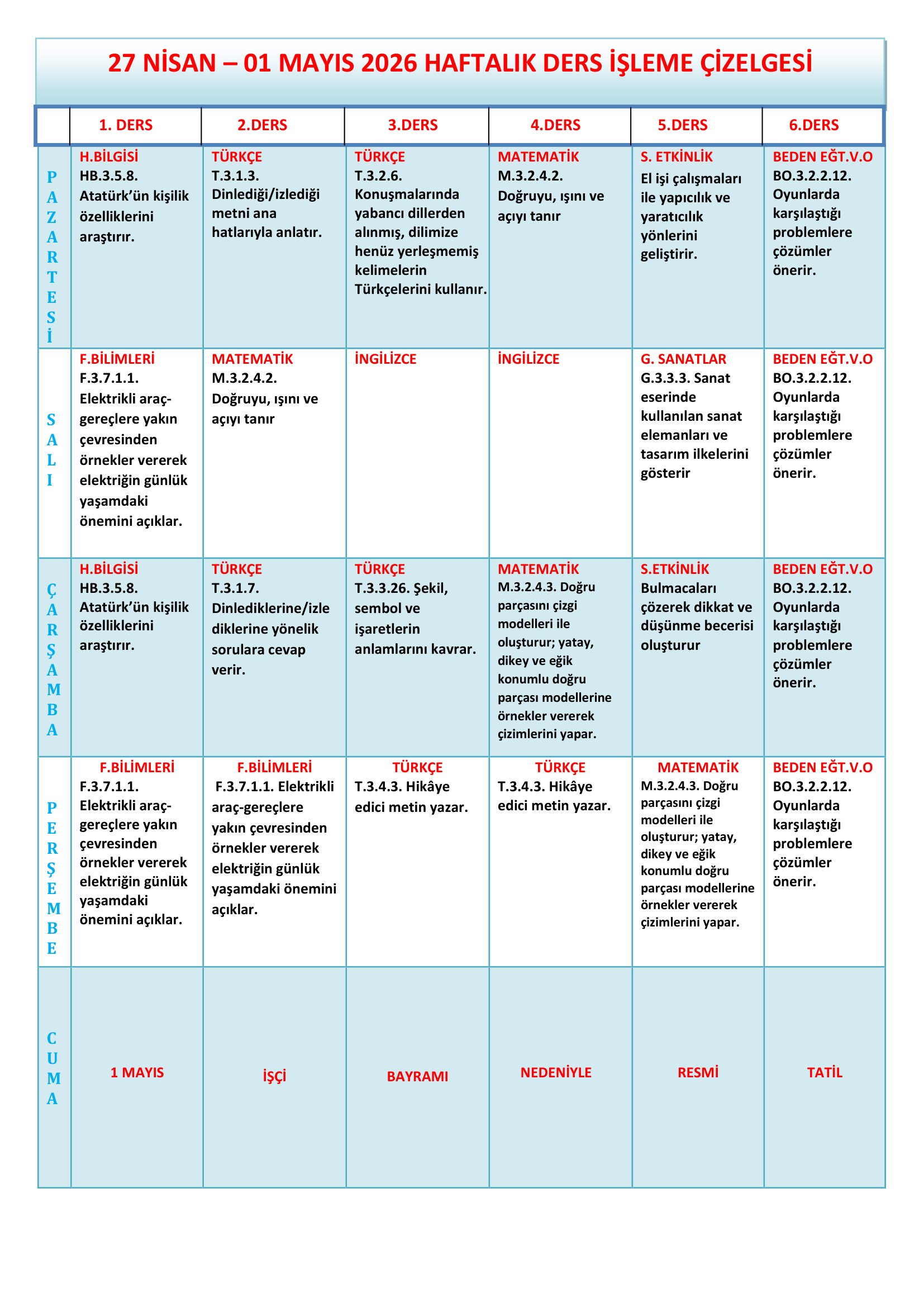 3.Sınıf 27 Nisan - 01 Mayıs 2026 Haftalık Ders İşleme Çizelgesi.doc