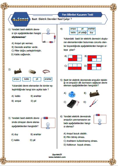 4. Sınıf Fen Bilimleri Basit Elektrik Devreleri Nasıl Çalışır Kazanım Testi ETKİLEŞİMLİ