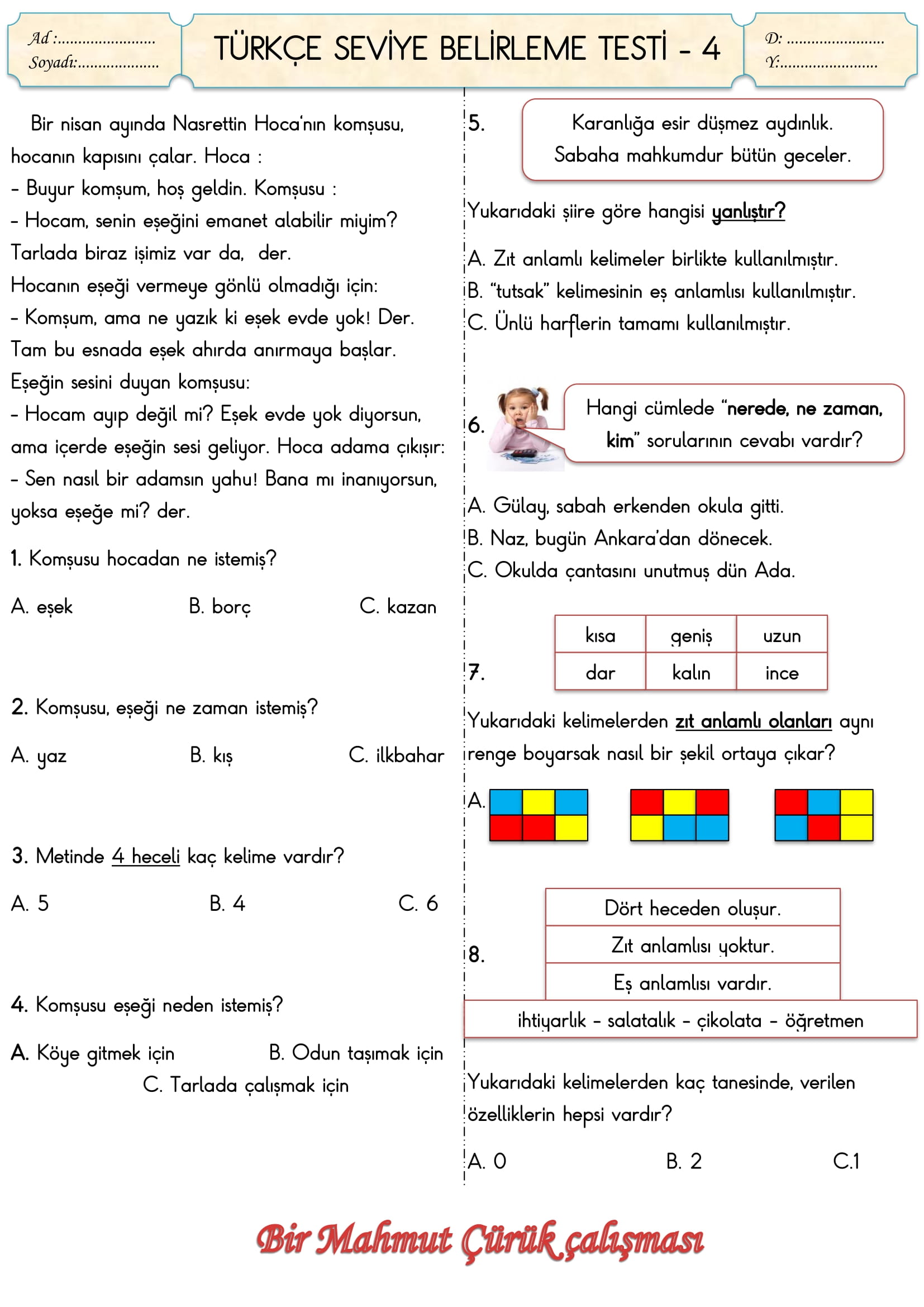 2.Sınıf Türkçe Seviye Belirleme Testi-4
