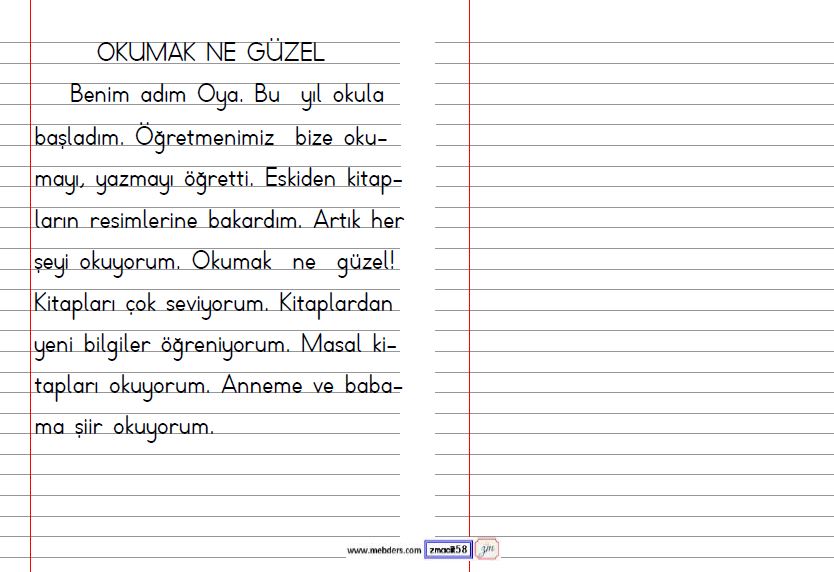 1. Sınıf Türkçe Çizgili Defter Sayfasına Yazma ve Okuma Etkinliği 1