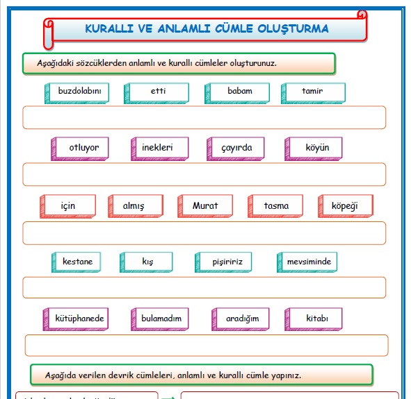 2.Sınıf Türkçe Anlamlı ve Kurallı Cümleler Etkinlik Çalışması