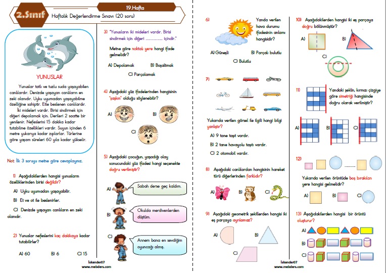 2.Sınıf Haftalık Değerlendirme Testi - 19.Hafta (06-10 Şubat)