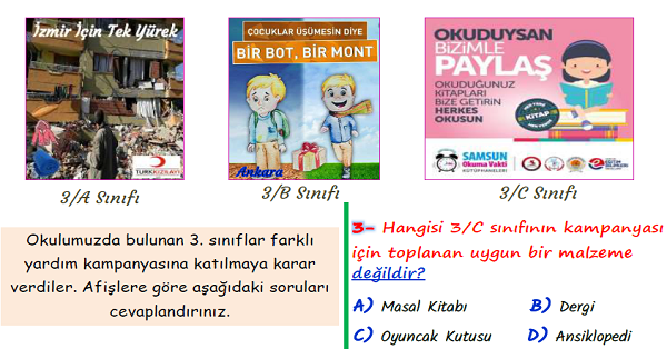 3.Sınıf Hayat Bilgisi Okulumuzda Sosyal Yardımlaşma ve Dayanışma Yeni Nesil Sorular