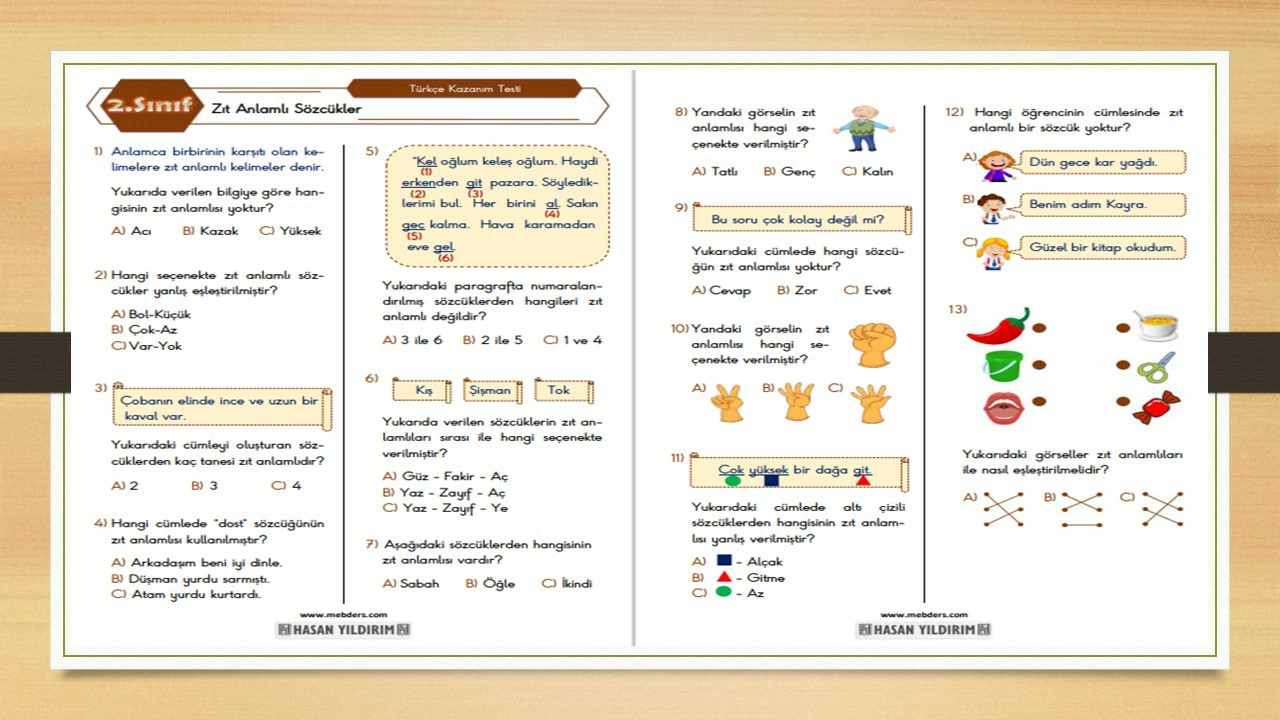 2.Sınıf Türkçe Zıt Anlamlı Sözcükler Testi