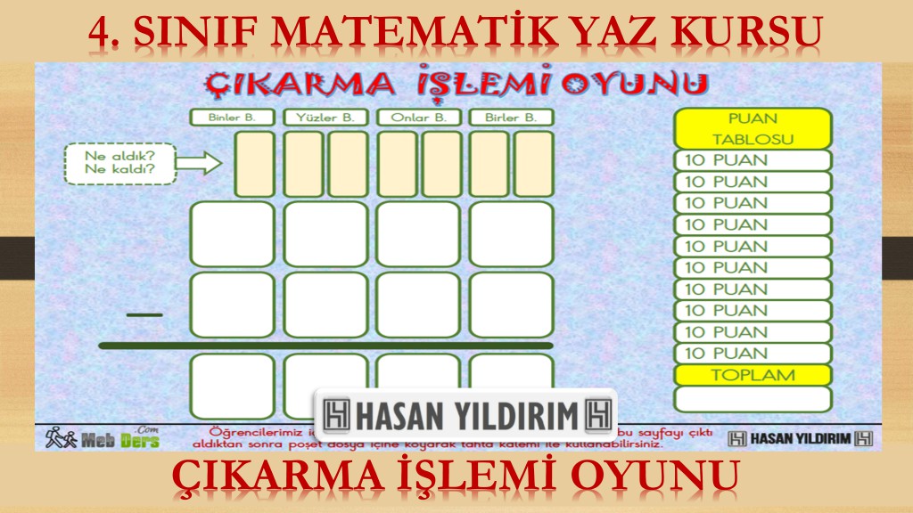 4.Sınıf Matematik Yaz Kursu - Çıkarma İşlemi Oyunu