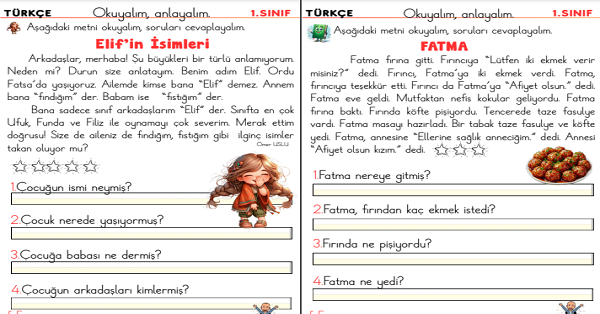 1. Sınıf İlk Okuma Yazma F-f Sesi Okuma Anlama Etkinliği
