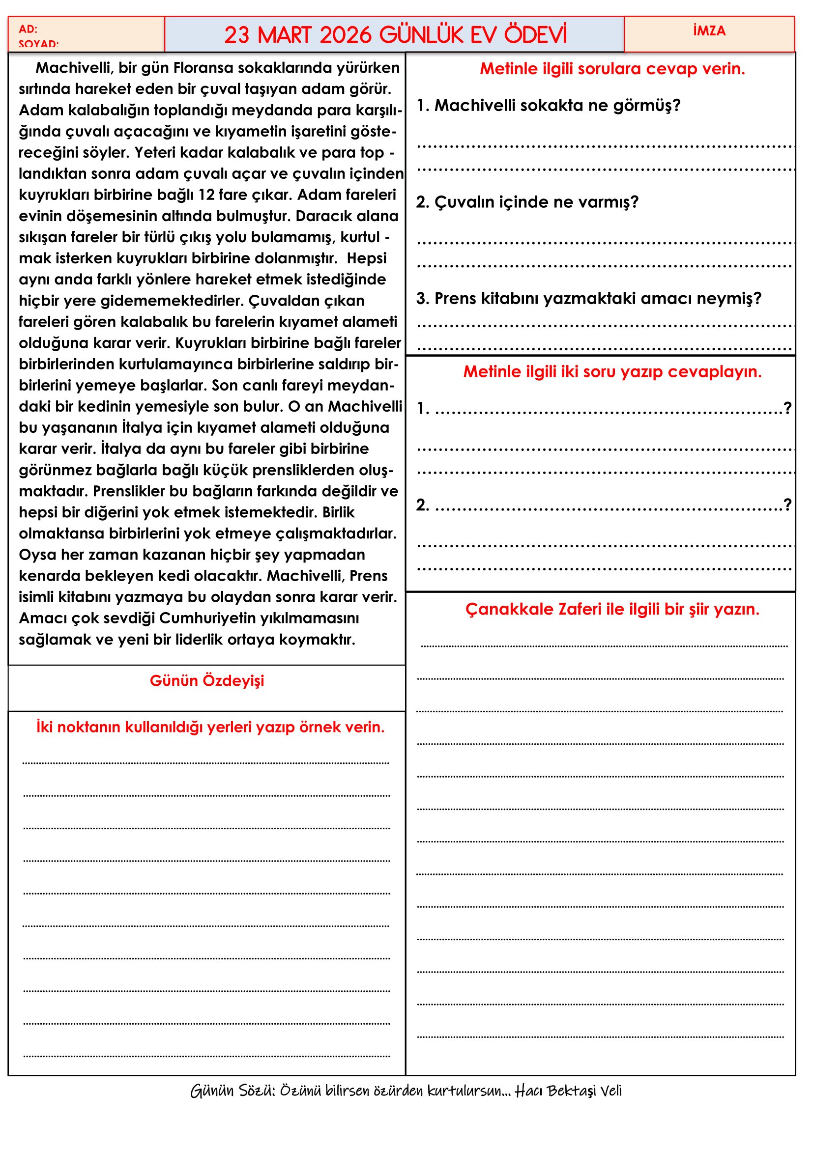 4.Sınıf - 23 Mart 2026 Günlük Ev Ödevleri