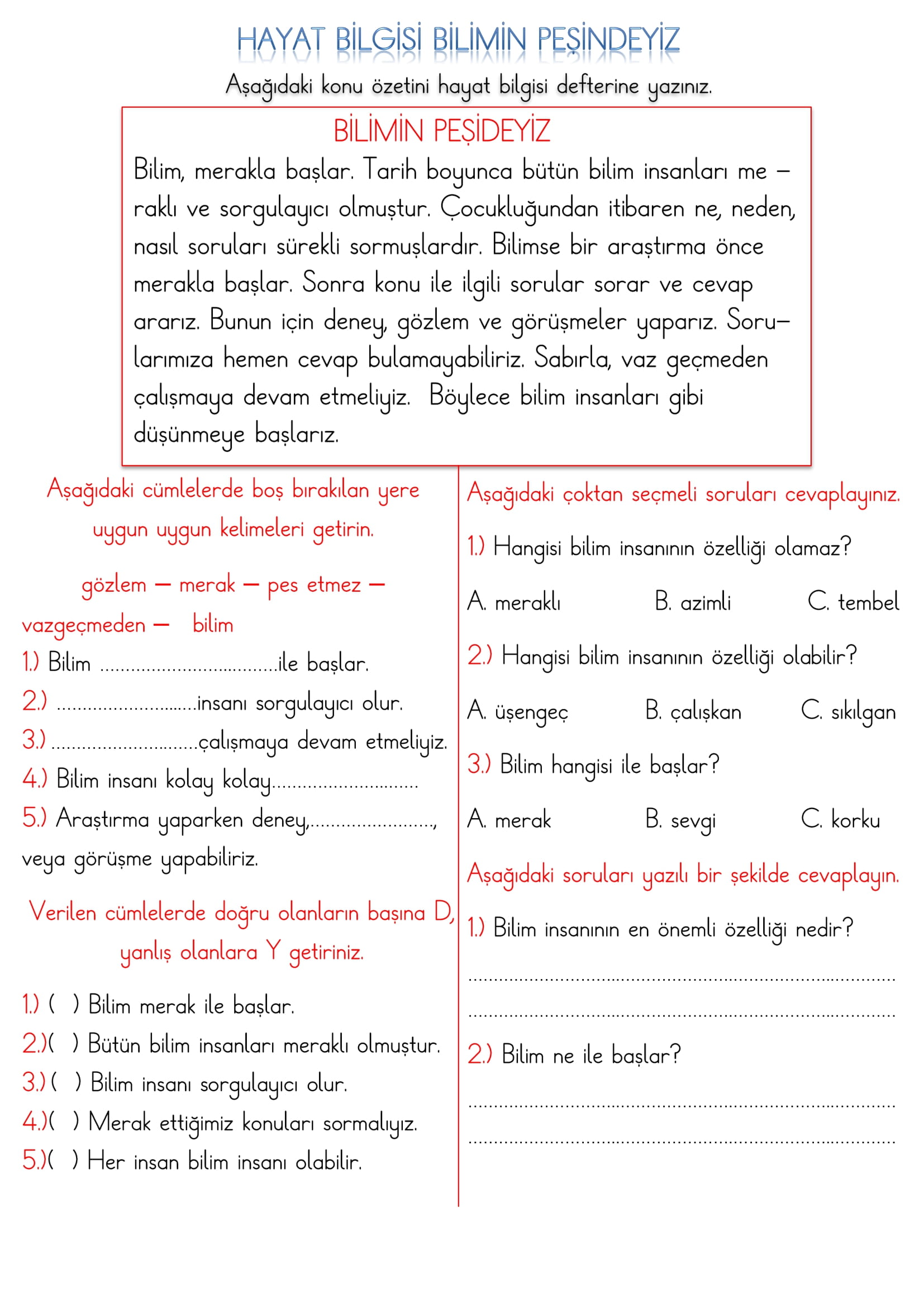 1.Sınıf Hayat Bilgisi Bilimin Peşindeyiz Etkinliği