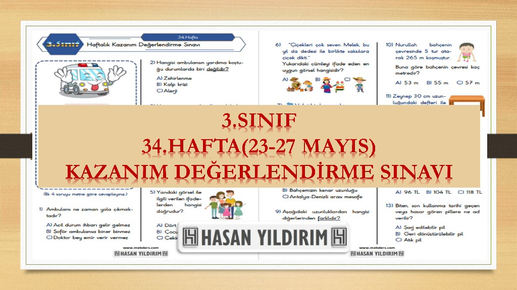 3.Sınıf Haftalık Değerlendirme Testi-34.Hafta(23-27 Mayıs)