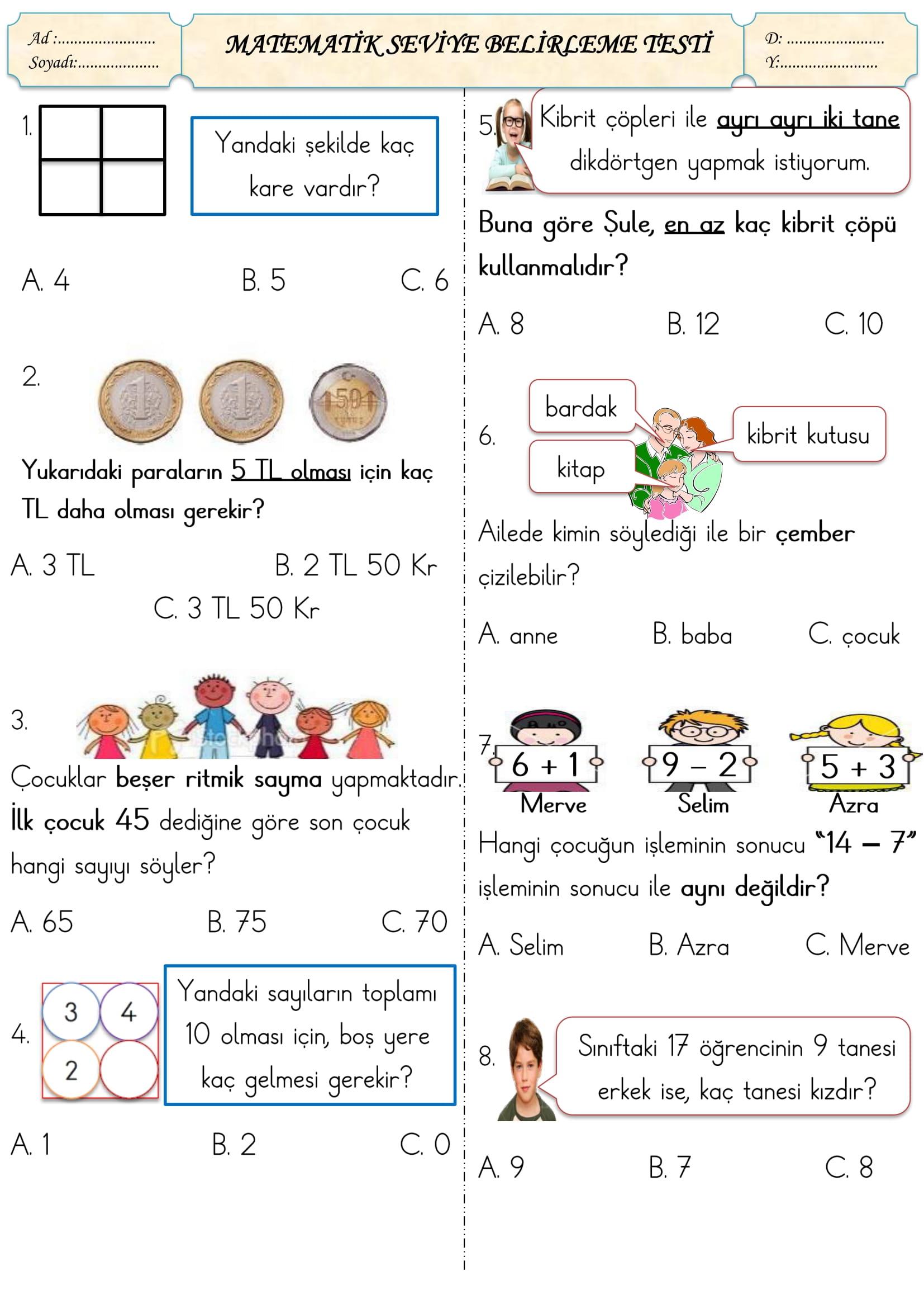 1.Sınıf Matematik Seviye Belirleme Testi-2
