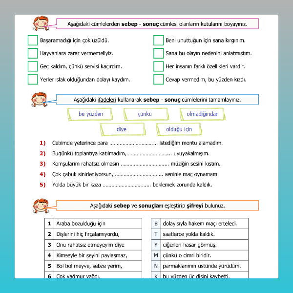 4. Sınıf Türkçe - Neden - Sonuç Cümleleri Etkinliği