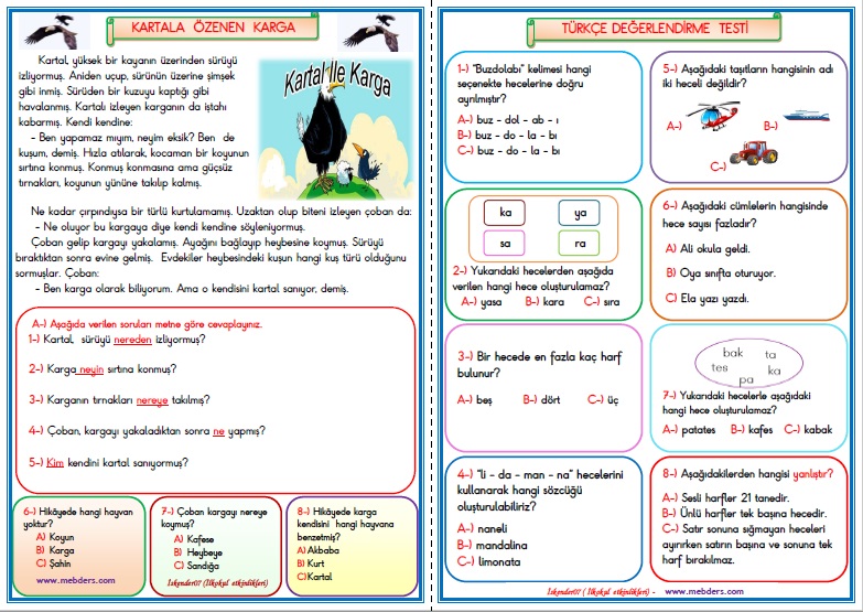1.Sınıf Türkçe Kartala Özenen Karga  Değerlendirme Çalışması  3