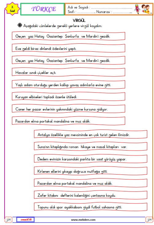 3. Sınıf Türkçe Virgül Etkinliği 4