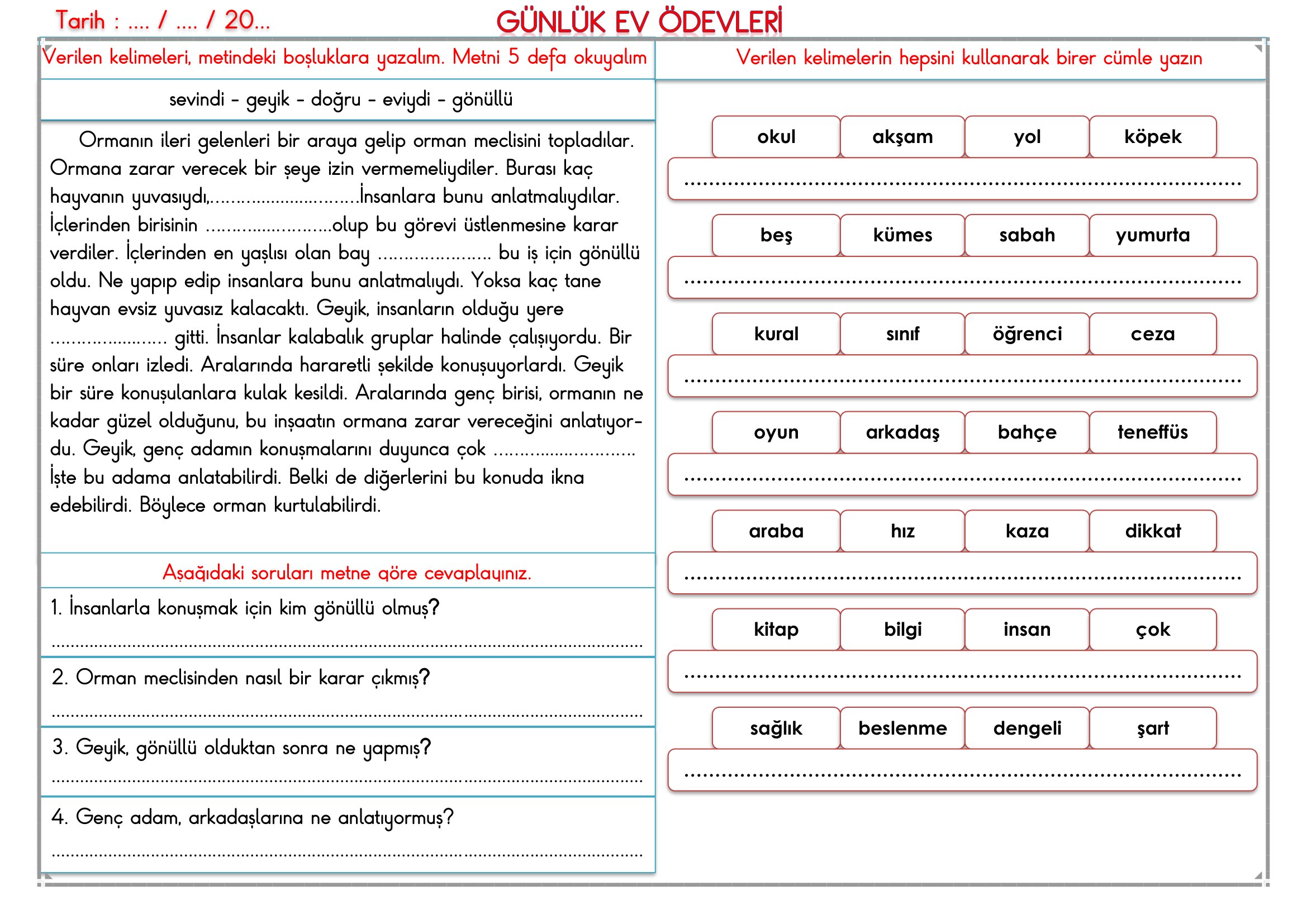 2.Sınıf - 03 Haziran 2026 Günlük Ev Ödevleri
