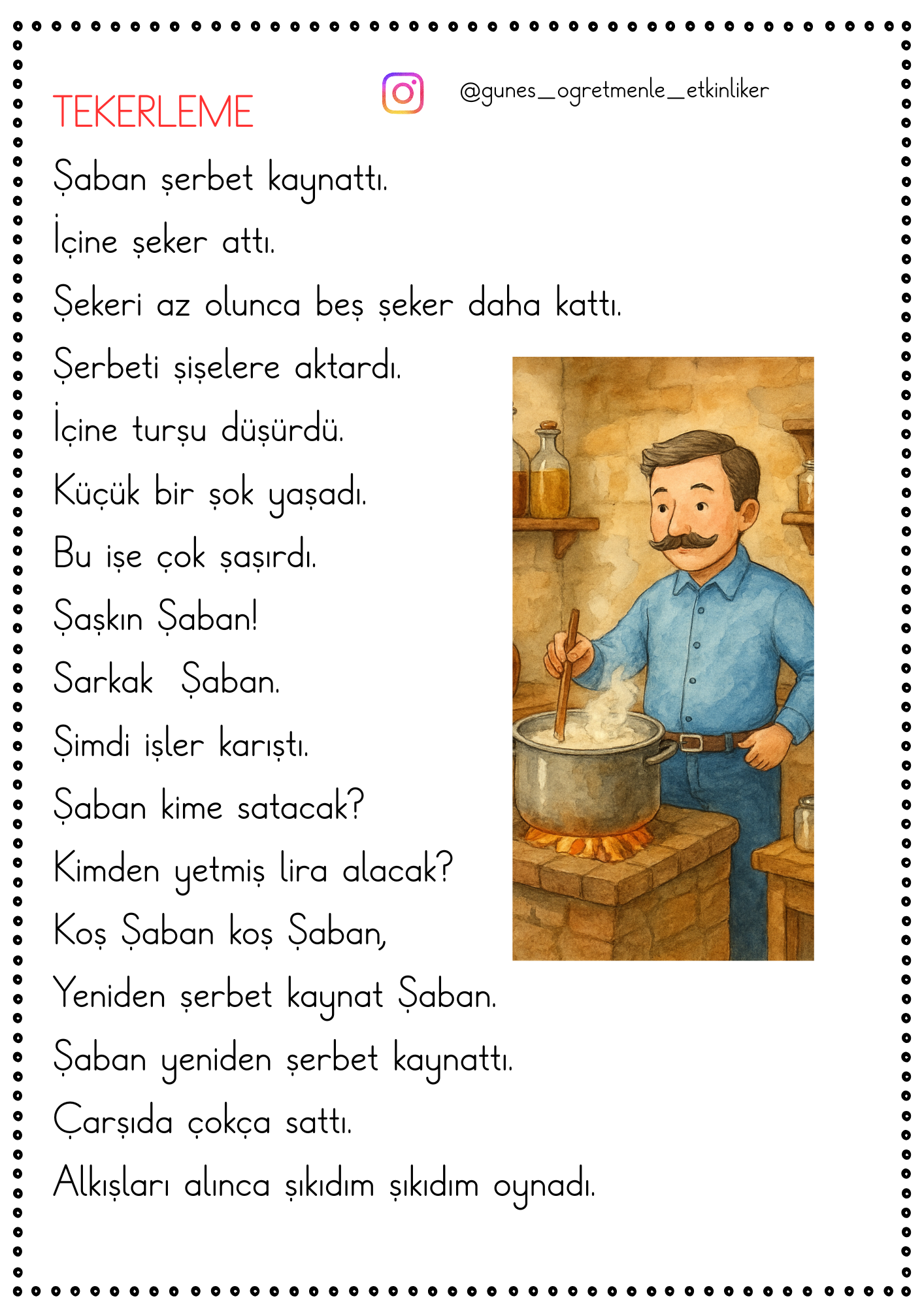 1.Sınıf Ş Sesi Tekerleme ve Okuduğunu Anlama Metinleri