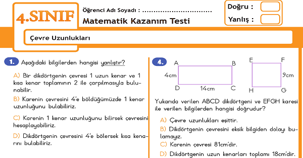 4.Sınıf Matematik Çevre Uzunlukları Kazanım Testi